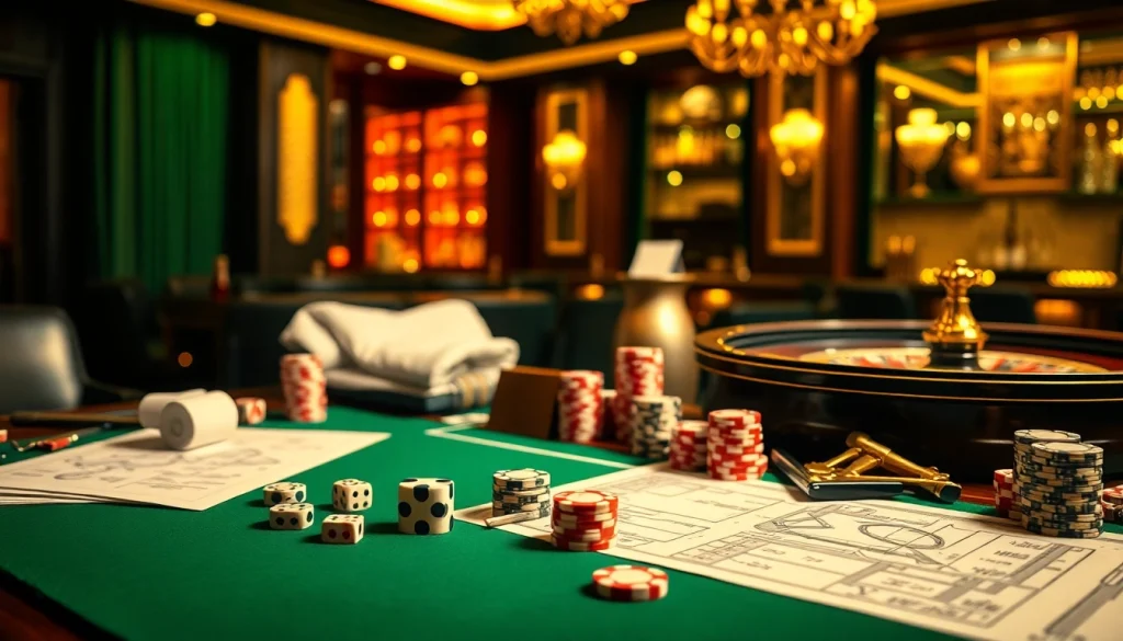 Engage in house extension construction strategies while enjoying a luxury casino setting with poker chips and architectural designs.