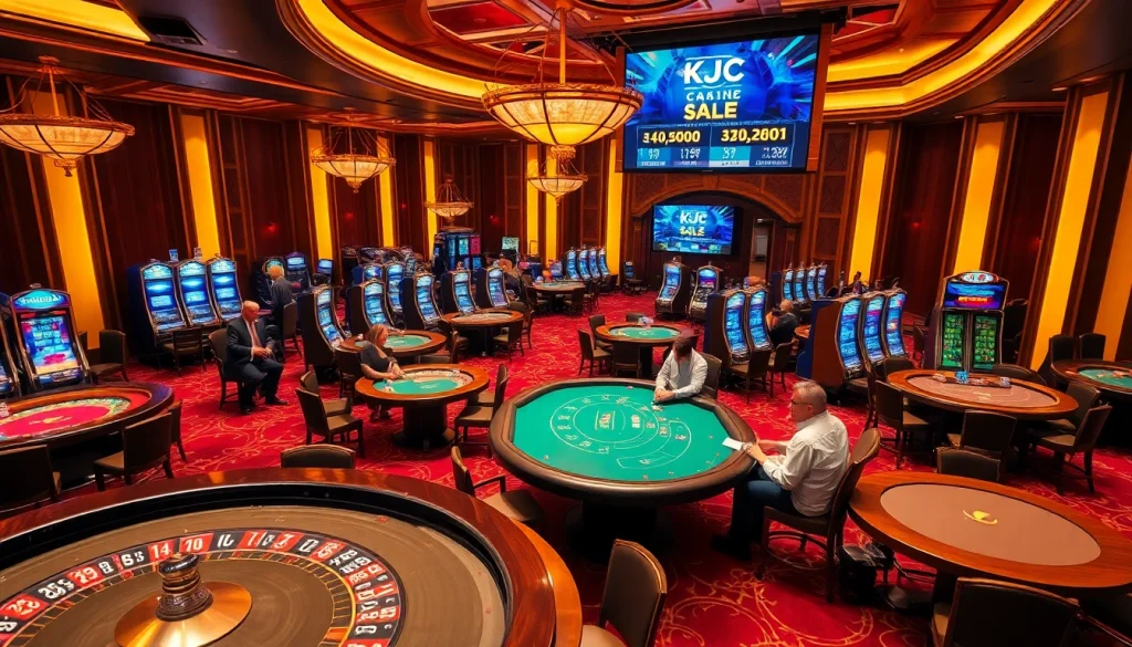 KJC casino excitement with players at roulette and blackjack tables in a luxurious setting.