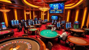 KJC casino excitement with players at roulette and blackjack tables in a luxurious setting.