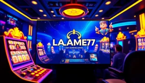 LAGAGAME77 interactive gaming interface with vibrant colors and dynamic slot reels.