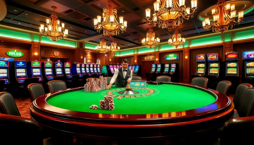 Experience the thrill of RR88 at a luxurious casino table, complete with poker chips and roulette wheel.