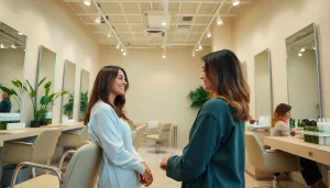 Enjoying a haircut at Omnia Salon, featuring natural elegance and eco-friendly Aveda products.