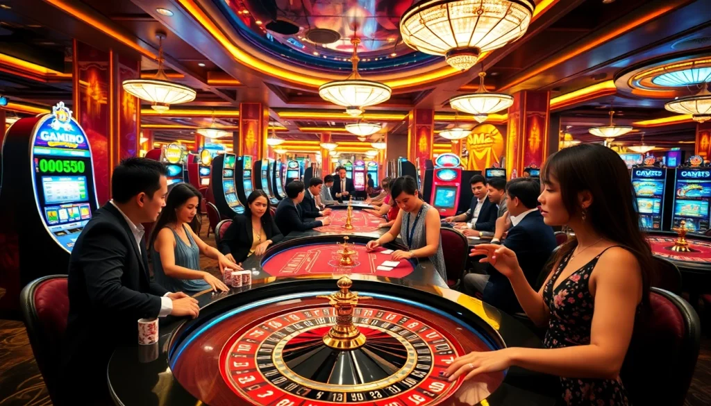 Exciting gaming action at trang chủ mm88 with casino tables and bright slot machines