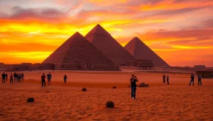 Capture of the Great Pyramids of Giza at sunset, showcasing the grandeur of https://piraminds.com/.