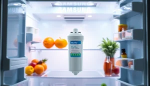 AQUA CREST DA97-17376B Replacement for Samsung DA97-08006C displayed in a Samsung refrigerator, emphasizing freshness and quality.