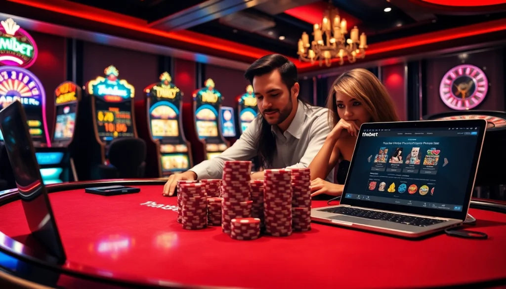 High-stakes poker action at a luxurious table inspired by thabet com, featuring focused players and vibrant casino ambiance.