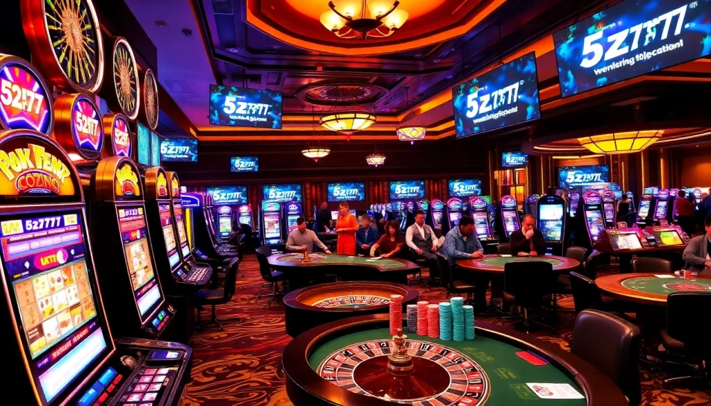 Experience the thrill of 5z777 at a vibrant casino with poker tables and slot machines.