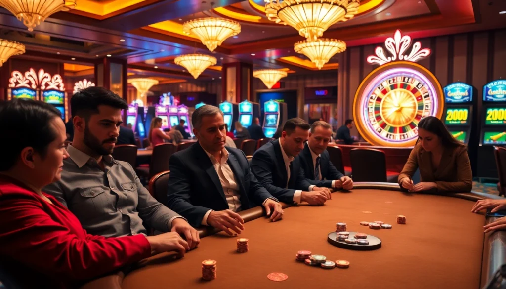 Engaged players at a luxury casino table referencing hidden wiki for strategies.