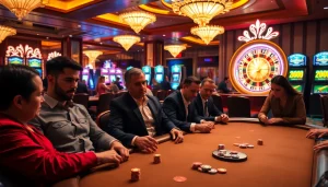 Engaged players at a luxury casino table referencing hidden wiki for strategies.