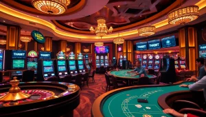 Experience thrilling gameplay at THABET, featuring luxurious casino tables and exciting slot machines.