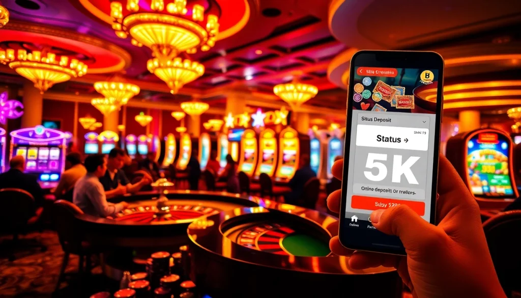 Adegan kasino yang menarik menampilkan situs deposit 5k dengan mesin slot berwarna-warni dan aksi roulette yang hidup.