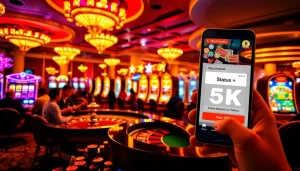 Adegan kasino yang menarik menampilkan situs deposit 5k dengan mesin slot berwarna-warni dan aksi roulette yang hidup.