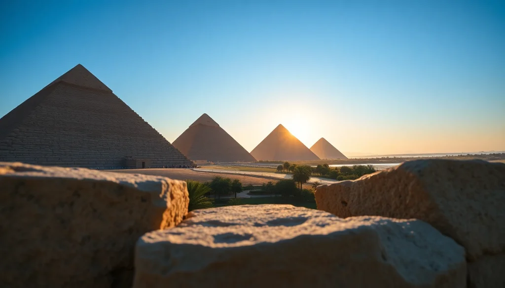 View of majestic pyramids at https://piraminds.com/ illuminated by sunrise against a clear blue sky.