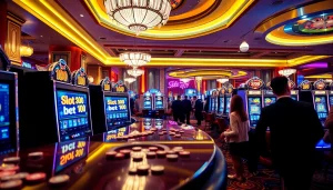 Pemain menikmati sensasi Taruhan Slot 100 di kasino yang hidup, dikelilingi mesin-mesin berkilau dan kegembiraan.