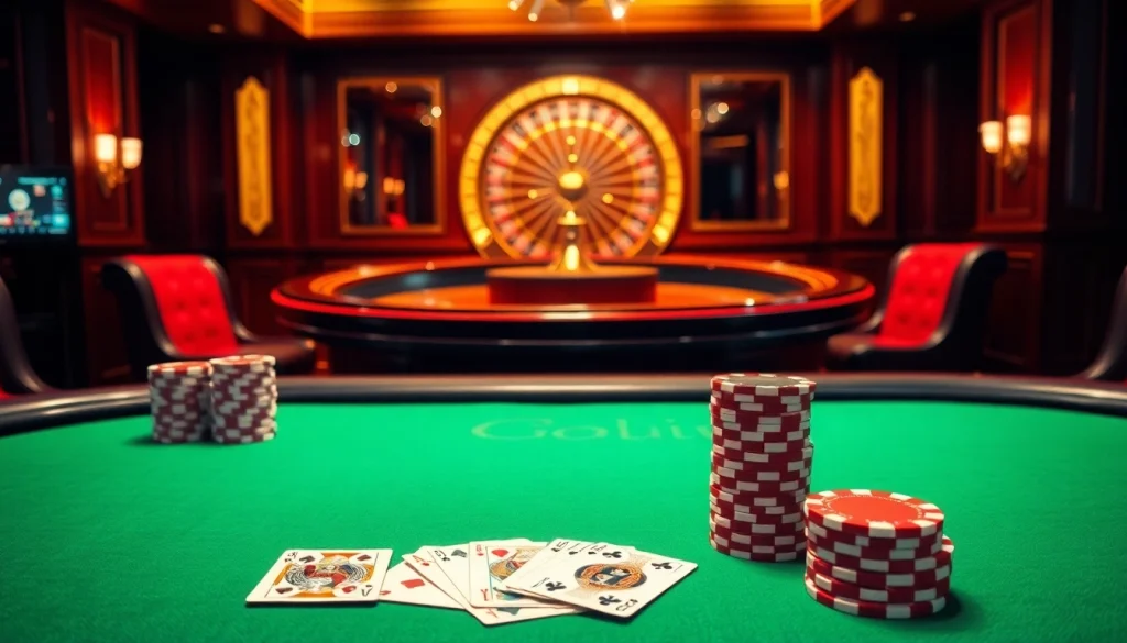 Topclub casino scene showcasing poker chips and cards in an elegant atmosphere.