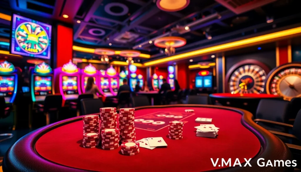 Engaged players at a lavish poker table in a casino, exploring https://vmaxgame.net/ for thrilling gambling experiences.