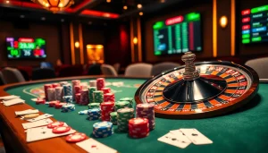 An engaging view of a poker game setup on https://mk8th.net/, showcasing vibrant chips and cards in an exciting casino environment.