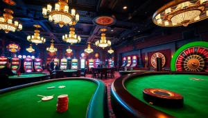 Experience the thrill of high-stakes gaming at go8's luxurious casino floor filled with vibrant gaming tables and slot machines.