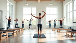 ウェルネスとフィットネスのために推奨されるピラティスの実践を強調する、魅力的なピラティススタジオの情景。