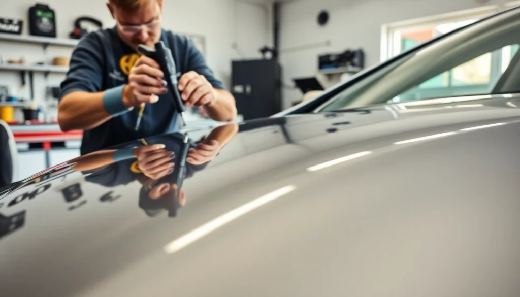 Car gleaming with salt protection ceramic coating applied by a detailer in a bright garage.