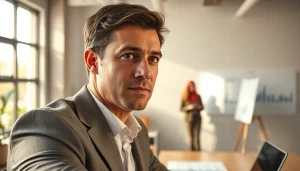 Engaging leader sharing founder leadership insights in a modern office environment.