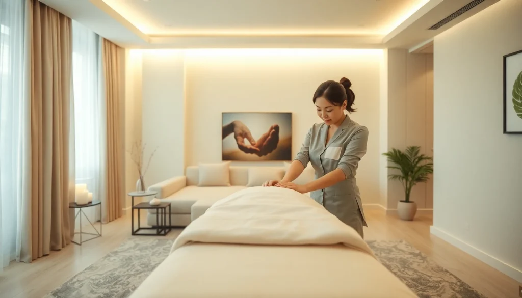 출장마사지 service showing a professional therapist providing a relaxing massage in a modern apartment setting.