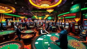 Engaged gamblers playing at a Man88-themed casino with vibrant tables and slot machines.