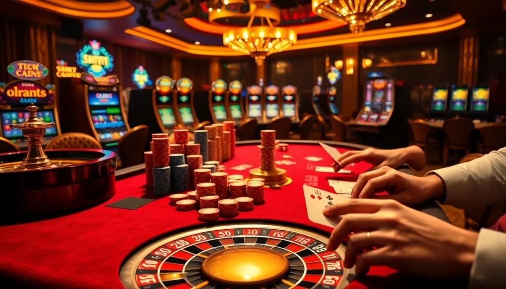 A thrilling poker game scene at https://ev882.sa.com/ featuring stacked chips, engaged players, and a glamorous casino atmosphere.