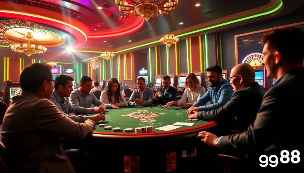 Gamblers enjoying poker and roulette at an upscale casino scene featuring gg88 promotions.