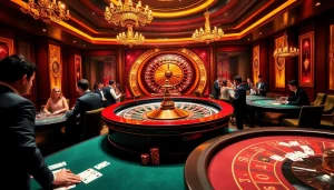 Experience the thrill of gambling at https://lc88.jpn.com/ with a luxurious casino scene featuring a roulette wheel and poker tables.