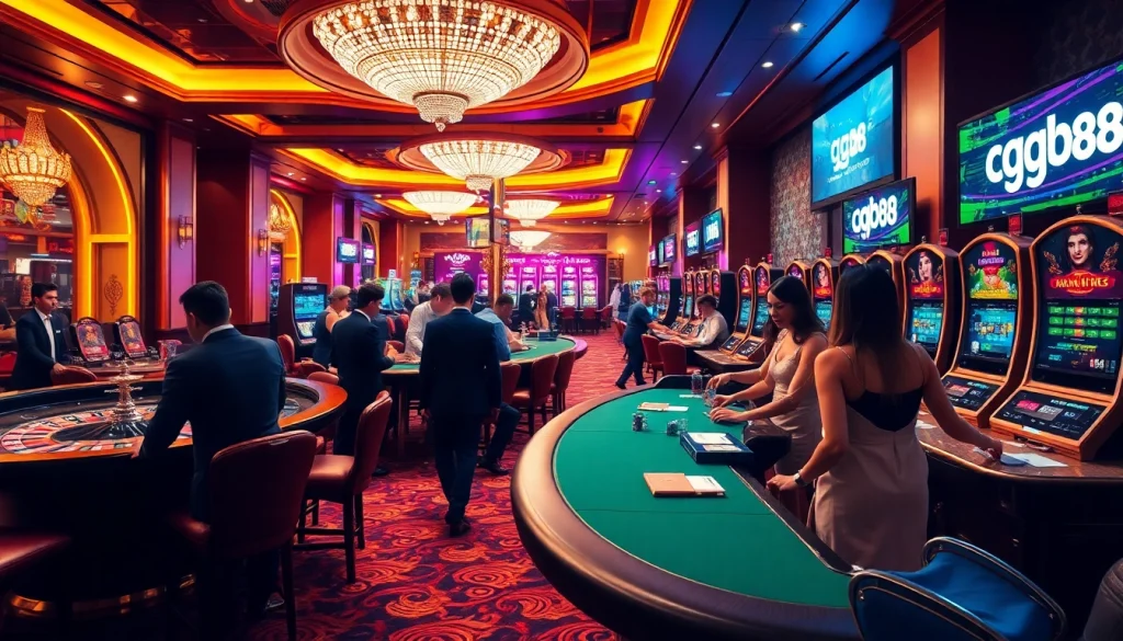 Gamblers enjoy a thrilling game at GG88 casino with vibrant roulette wheels and slot machines.