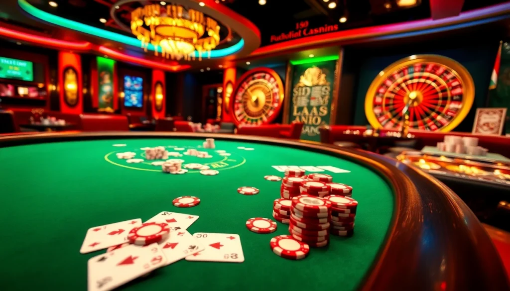 Experience the excitement of MV88 at an upscale casino with elegant poker tables and luxurious gambling elements.