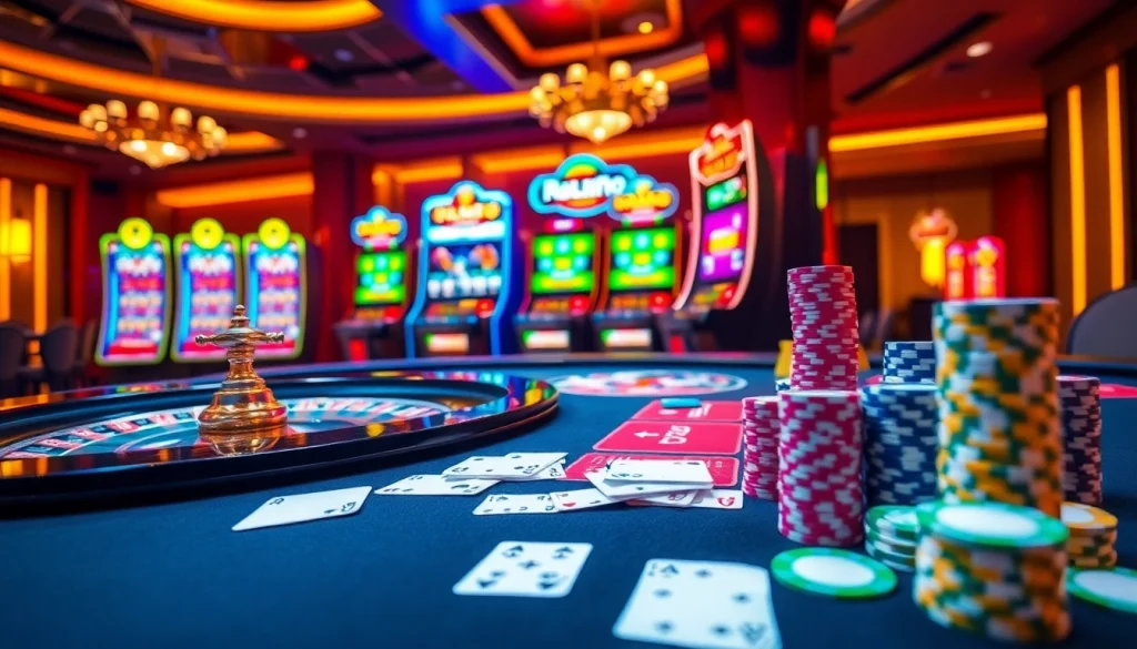 RR88 casino scene showcasing vibrant slot machines, poker table, and roulette wheel in a thrilling atmosphere.