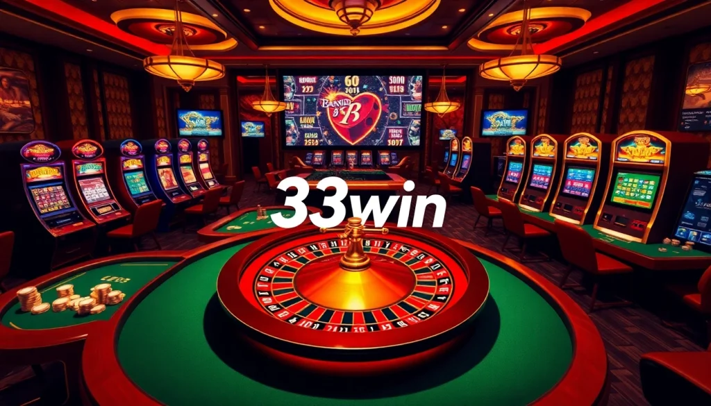 33win casino players engaging in thrilling gambling with poker chips and roulette.
