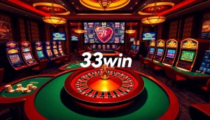 33win casino players engaging in thrilling gambling with poker chips and roulette.