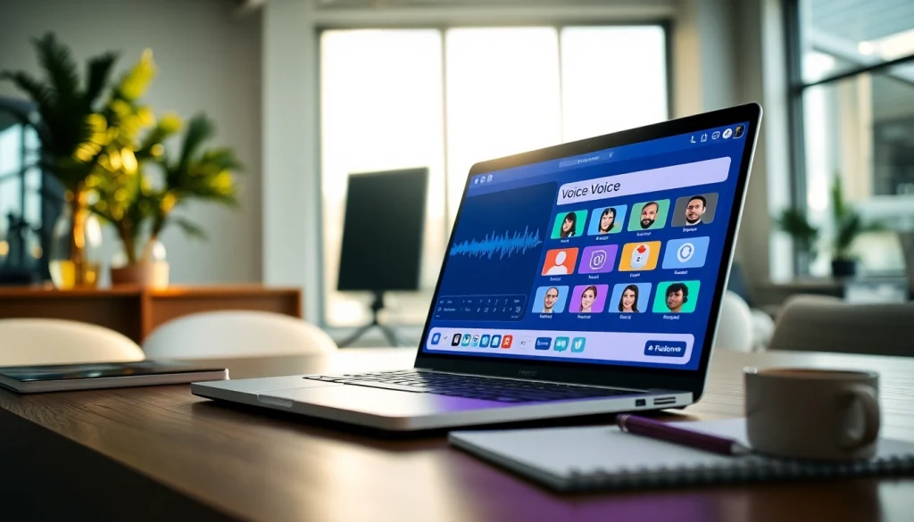 Generate lifelike audio using AI Voice technology with a modern laptop setup.