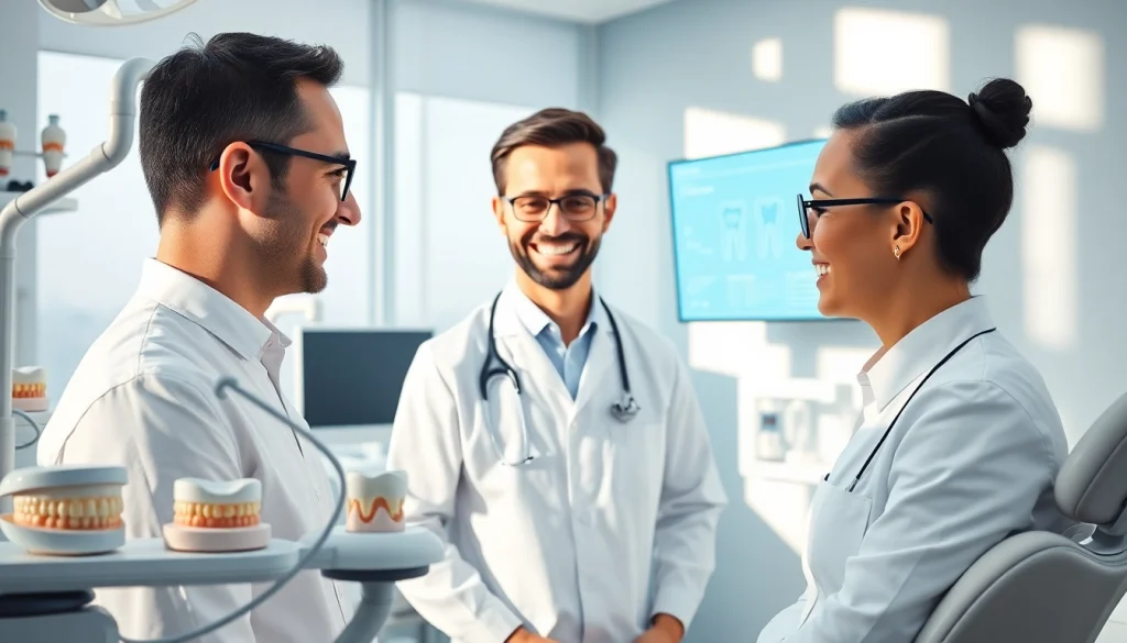 矯正歯科での専門的ケアを示すクリニックの情景。親しみやすい矯正歯科医と患者の交流。