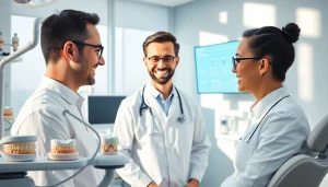 矯正歯科での専門的ケアを示すクリニックの情景。親しみやすい矯正歯科医と患者の交流。