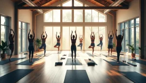 多様な人々がヨガを実践するホットヨガスタジオ。ホットヨガ おすすめを強調。