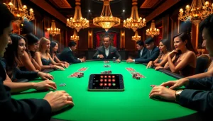 Experience the FLY88 App in a luxurious casino setting featuring high-stakes poker action.