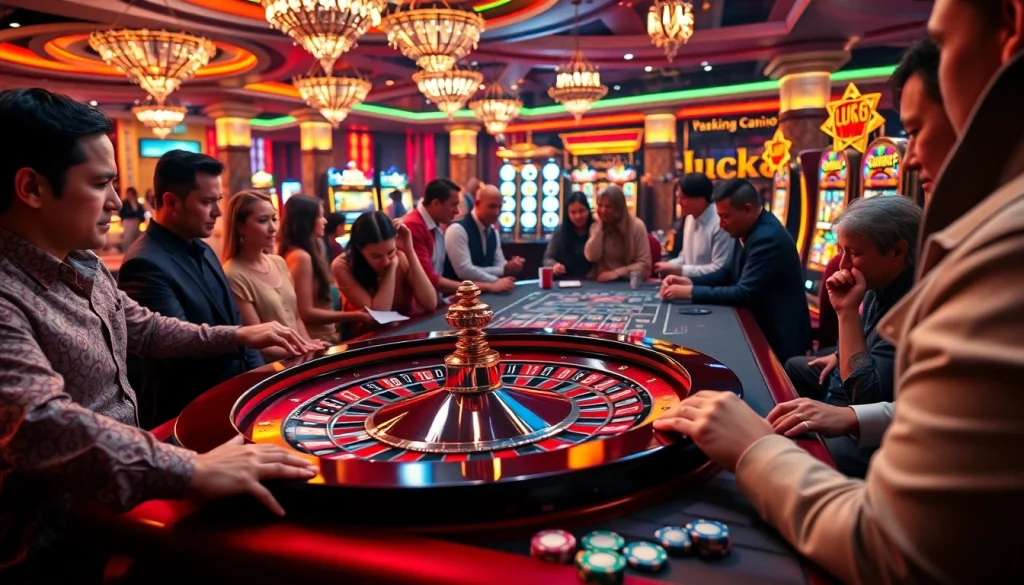 Người chơi đang tận hưởng một trò chơi casino LUCK8 đầy kịch tính với bàn roulette sống động và máy đánh bạc.