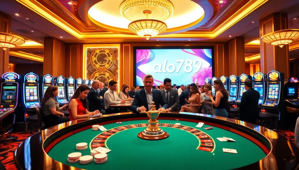 Exciting gameplay at alo789 featuring poker, roulette, and slot machines in a luxurious casino.