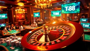 Experience the thrill of TT88 in a vibrant casino scene filled with poker chips, roulette wheels, and excited players.