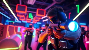 Players engaged in an exciting game of Laser tag in a vibrant arena with neon lights.