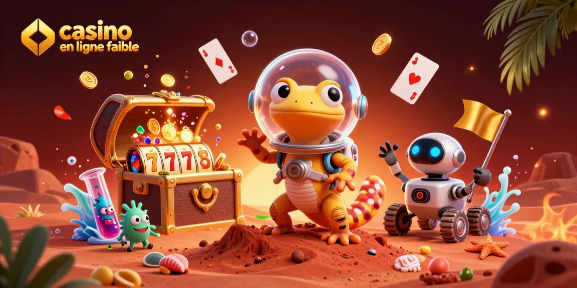Profitez d'une illustration riche et dynamique de casino en ligne fiable avec un lézard martien et des éléments de jeu.