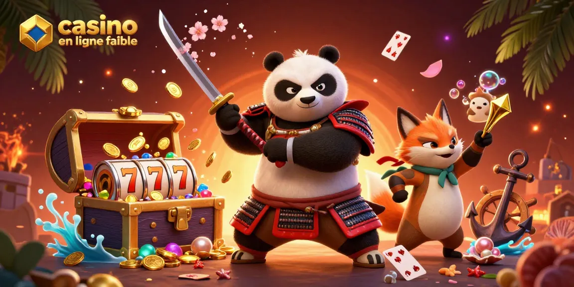 Le samouraï panda et le renard ninja interagissent dans un casino en ligne fiable, entourés de trésors et de jeux.
