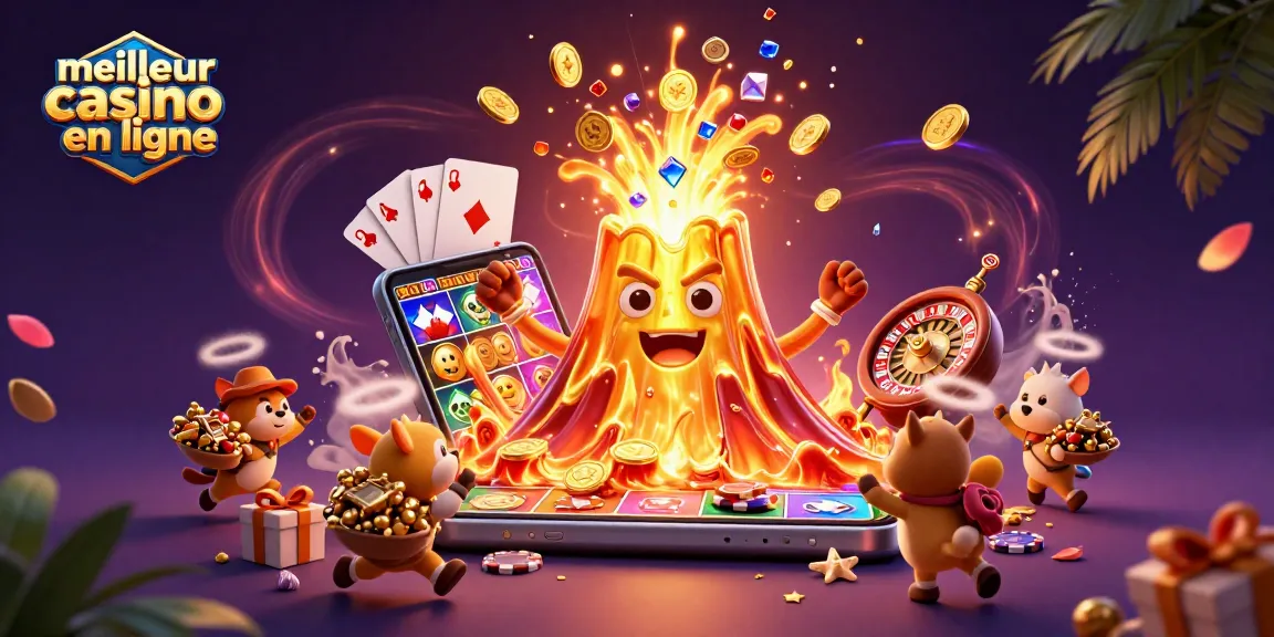 Découvrez le meilleur casino en ligne avec un volcan doré crachant des pièces et un univers de jeu scintillant.