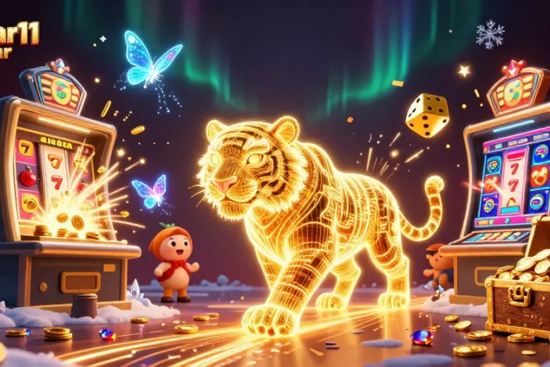 Mekar11 daftar offers exciting gaming with neon tiger and jackpot bursting actions in a vibrant casino environment.