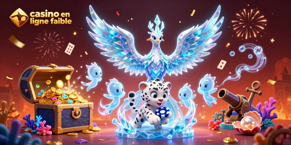 Découvrez casino en ligne fiable avec un phénix de glace animé jouant autour de jetons de poker dans une scène festive.