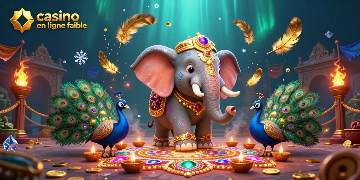 Jouez à "casino en ligne fiable" dans une scène animée avec un éléphant et un paon coloré.